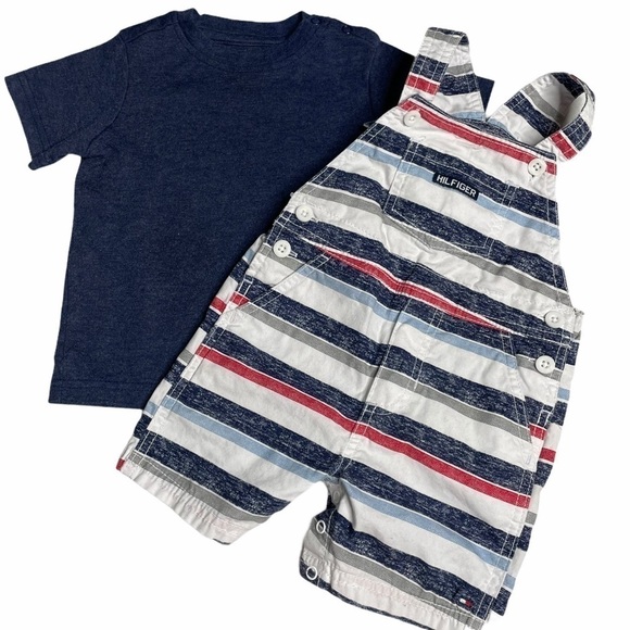 Tommy Hilfiger Striped Shorts Overalls w/ Matching Short Sleeve T-shirt 18 Month - Picture 5 of 10
